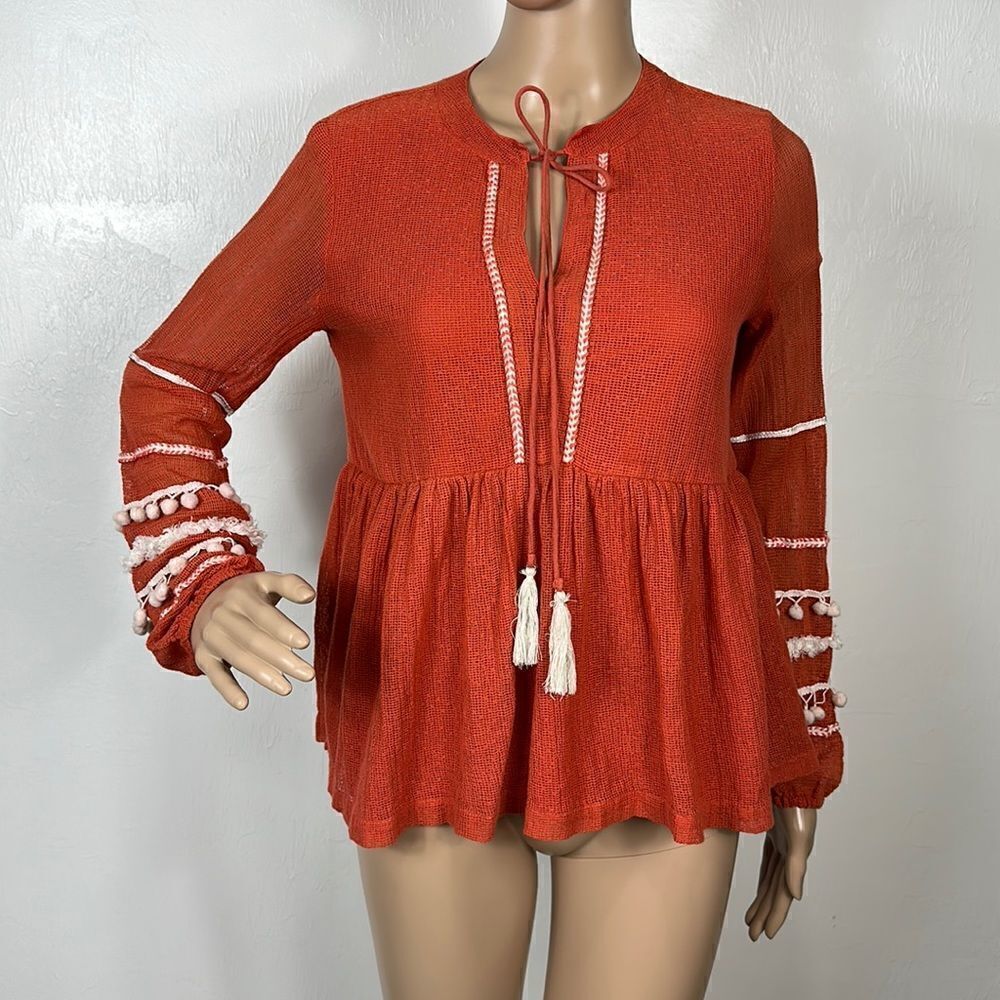Cute Options Cotton Boho Peasant Tassel Ties Long Sleeve Top Blouse Size S